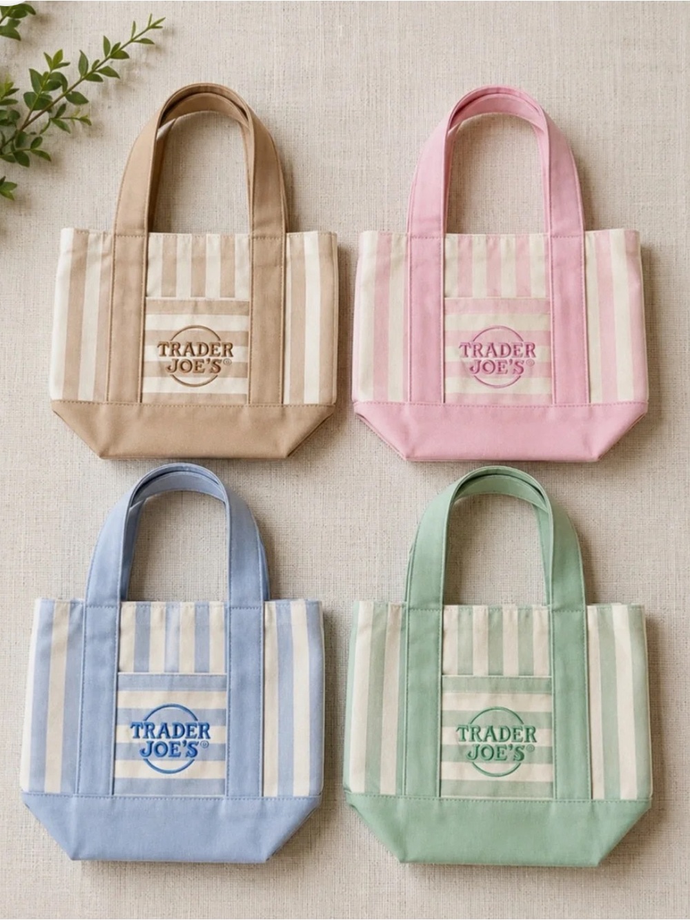 Bundle- Trader Joe’s Striped Canvas Tote Bags– Pink, Tan, Blue, Green